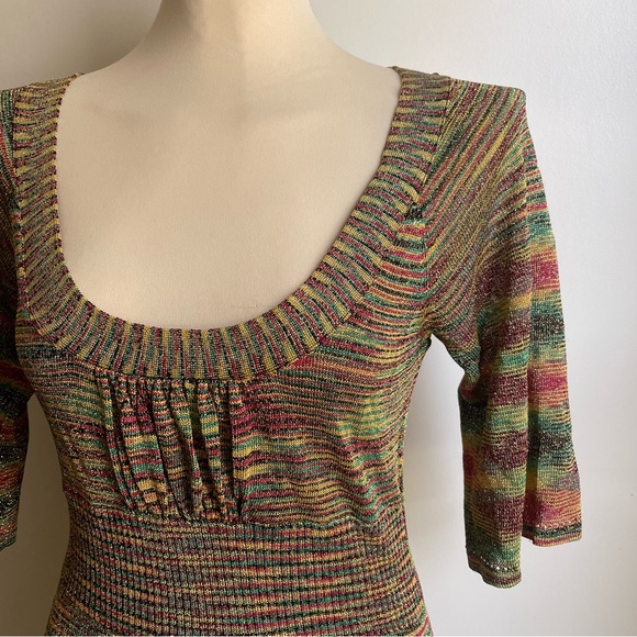 Vintage 90s Guess Jeans Gold Bodycon Knit Dress Medium Rasta Red Yellow Green - Picture 2 of 12